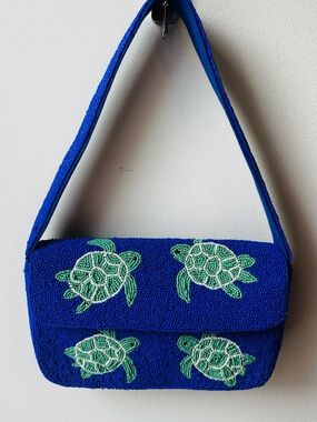 A/B Hand-Beaded Royal Blue Green Turtles  Shoulder Bag